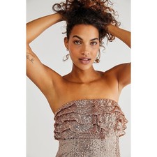 Free People - Sequin Ruffle Strapless Mini Dress - Champagne Size 2XS RRP £158