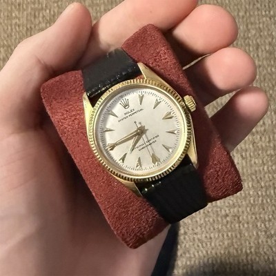 Rolex Oyster Perpetual 18 k Gold Chronometer Black Leather Strap 
