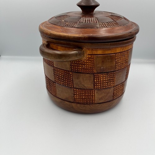 Vintage Carved Wooden Pot Container with Lid Handles Brown Rustic Home Decor - Picture 2 of 12