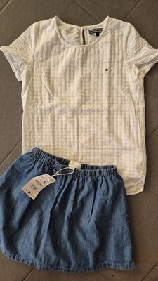 Tomy Hilfiger Bluse ZARA Rock 146 152 Jeans bestickt ajour Lochstickerei weiß