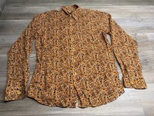 Vintage 70s Bils White Mod Op Art Circle Print Mens Button Up Shirt Orange Brown