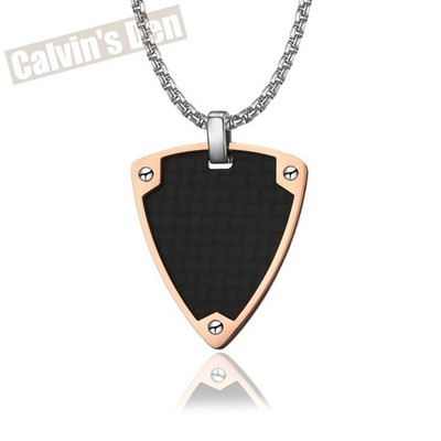 Rose Gold Tone Stainless Steel Carbon Fiber Inlay Small Shield Pendant Necklace
