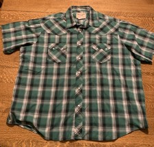 Wrangler Retro Western Shirt Mens XXL Green Plaid Pearl Snaps Short Sleeve