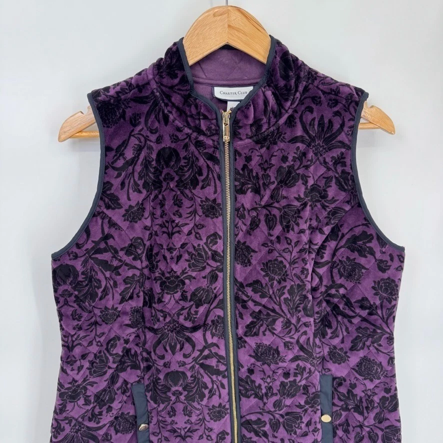 Chaleco de terciopelo Charter Club cremallera completa para mujer mediano púrpura negro floral caprichoso Foto 2 de 4