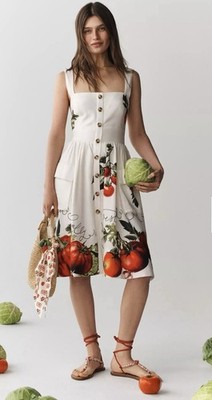 Anthropologie Sz S cream Tomato Print Square Neck Button Sundress smocked NWOT