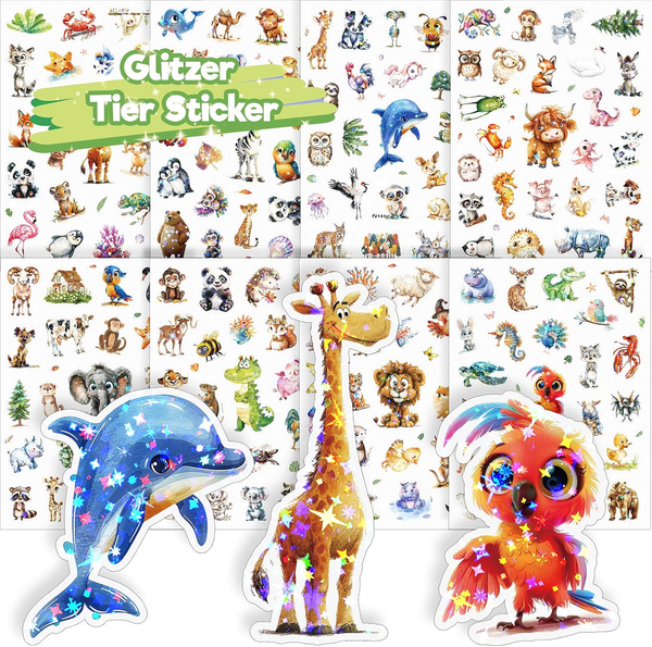 Tiere Sticker Kinder, 8 Pcs Glitzer Tier Aufkleber, Holografische Folie Entschie-image