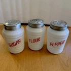 Vintage Milk Glass-Pepper, Sugar, Flour Shakers- Red Lettering