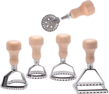 Ravioli Stamp Maker Cutter with Roller Wheel Set, Mold with Wooden Handle and Fl