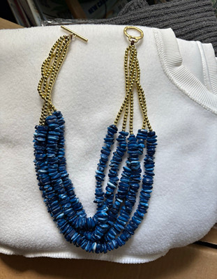 Multi-Strand Blue Beaded Necklace Gold Tone Ball Chain Toggle Closure