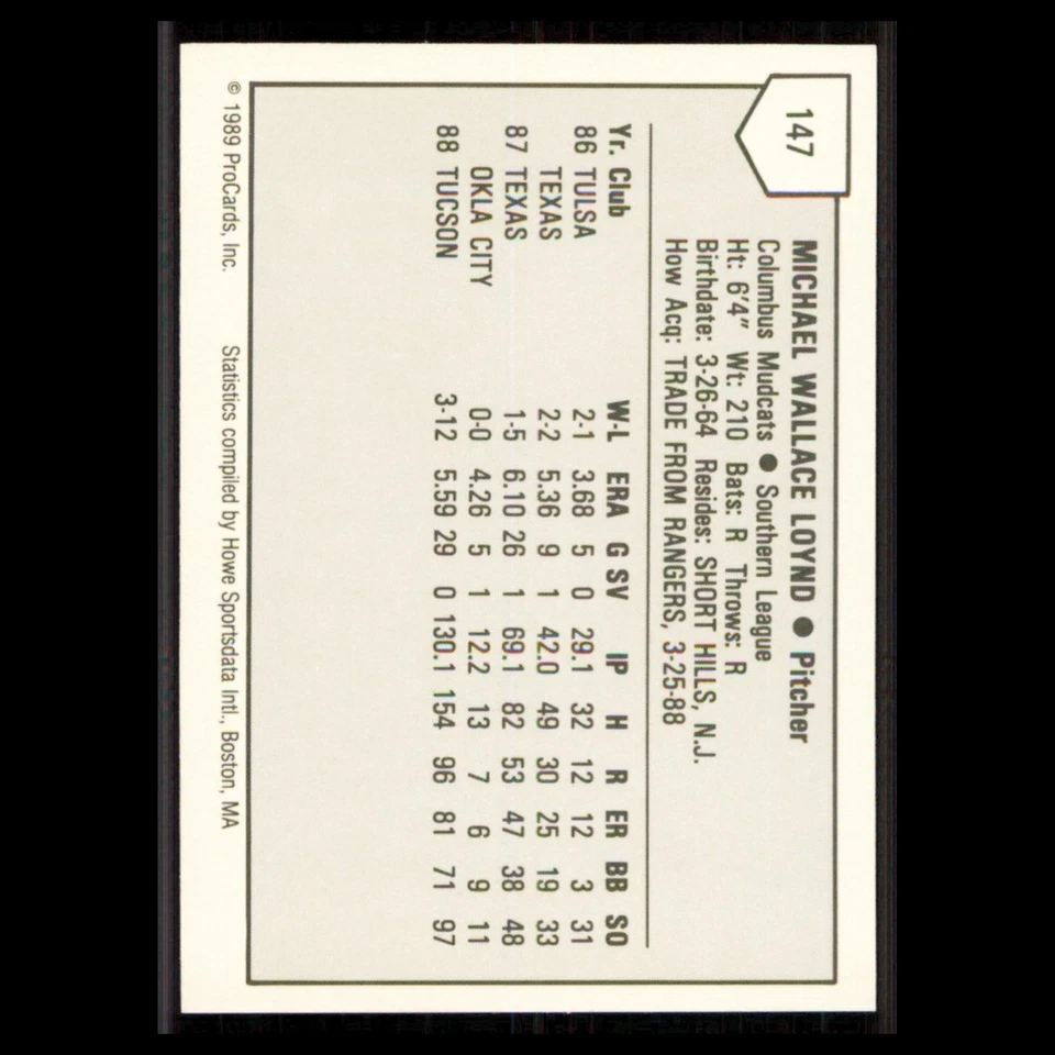 Mike Loynd #147 1989 ProCards Minor League Team Sets Columbus Mudcats Baseball - Image 2 of 3