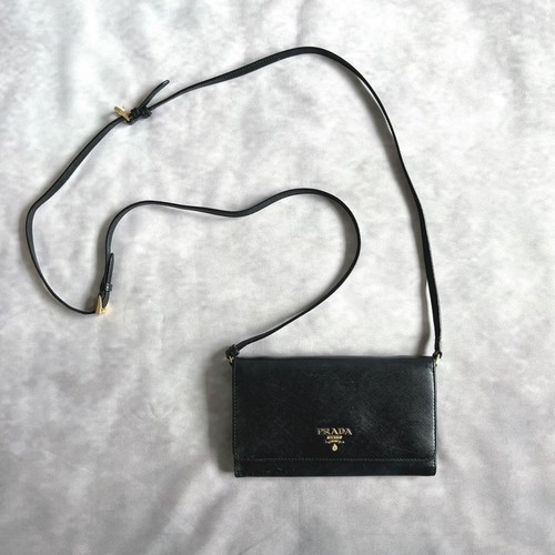 Authentic Prada Black Saffiano 2-Way Shoulder Wallet with Gold Logo, Compact, Da