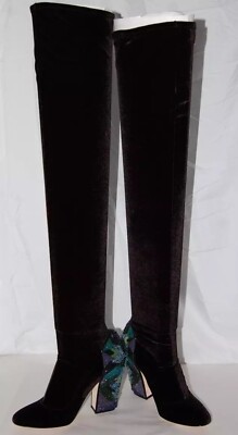 38.5/8.5 SERGIO ROSSI BLACK STRETCH VELVET Over Knee High Heels Boots ITALY OTK
