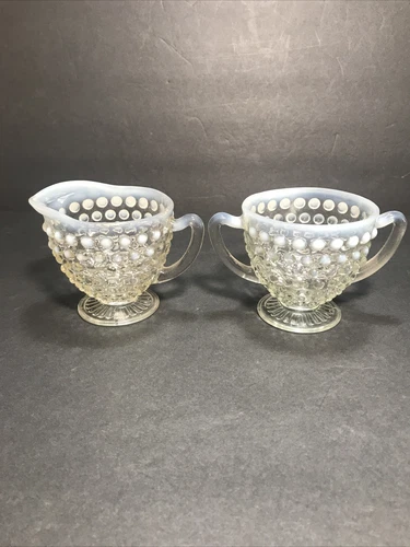Vintage Anchor Hocking Hobnail Opalescent Moonstone Sugar & Creamer 3”