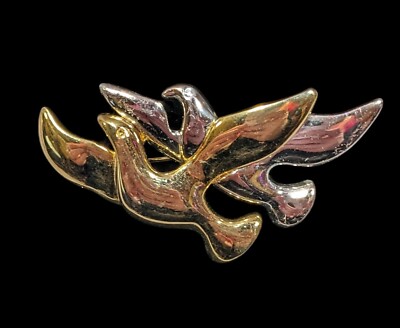 Vintage Silver And Gold Tone Flying Bird Pair Brooch