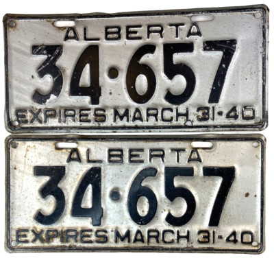 Vintage Alberta Canada 1940 Auto License Plate Set Garage Man Cave Collector