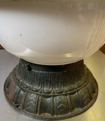 ANTIQUE HEAVY CAST IRON Art Deco Milk Glass Ceiling Light Fixture 9” D - Picture 2 of 5