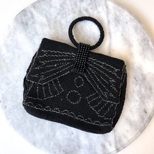 Antique Czechoslovakia Art Deco Black Seed Bead Petite Evening Handbag Purse