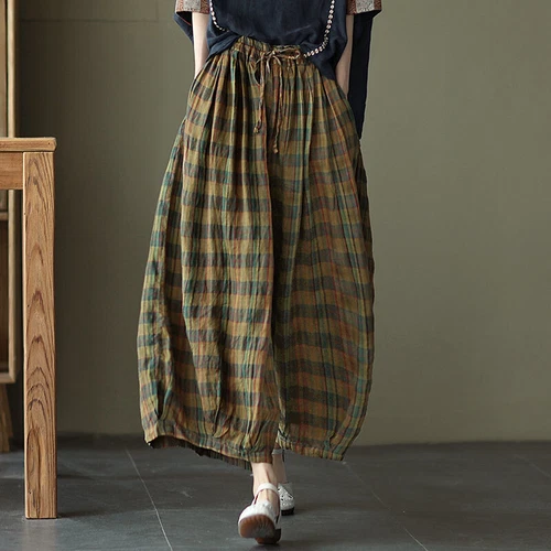 Women Linen Cotton Baggy Checked Pants Wide Leg Retro Elastic Waist Harem - Picture 7 of 17