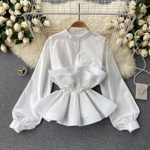 Women Long Sleeve Shirt Chic Pleated Ruffled Spring Casual Button Blouse Top - Picture 2 of 14