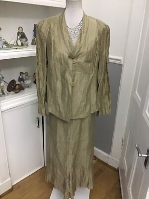 Riona Stone Taupe Gold Linen Mix Skirt + Jacket Size 18 Excel Condition