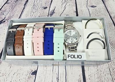Folio Women's Gift Set; Silver metal Rhinestones Round Case, Watch wardrove.