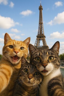 Three Cats in Paris Eiffel Tower Digital Picture Wallpaper Desktop Art