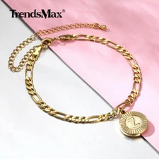 Initial Letter A-Z Charm Anklet Bracelet Gold Plated Stainless Steel Figaro Link
