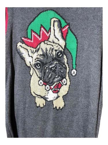 Ugly Christmas Sweater Men Sz Large French Bull Dog Pullover Knit Unisex Elf Hat - Picture 2 of 5