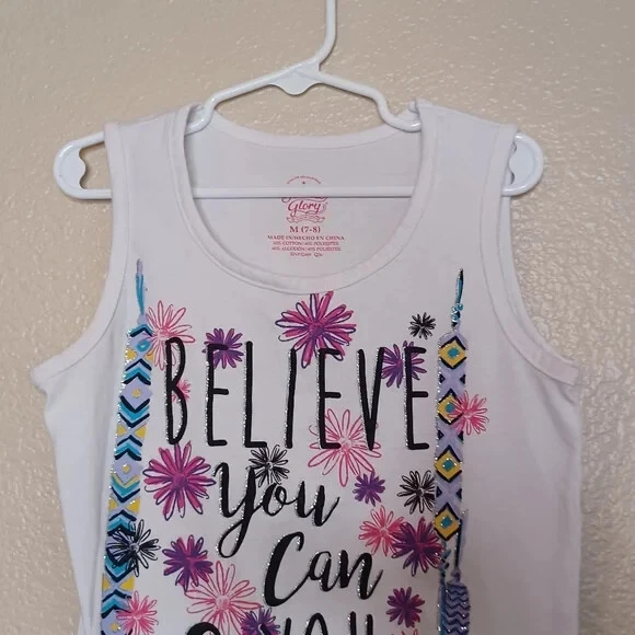 Camiseta sin mangas Faded Glory blanca "Believe You Can & You Will" para niña talla mediana (7-8) Foto 4 de 4