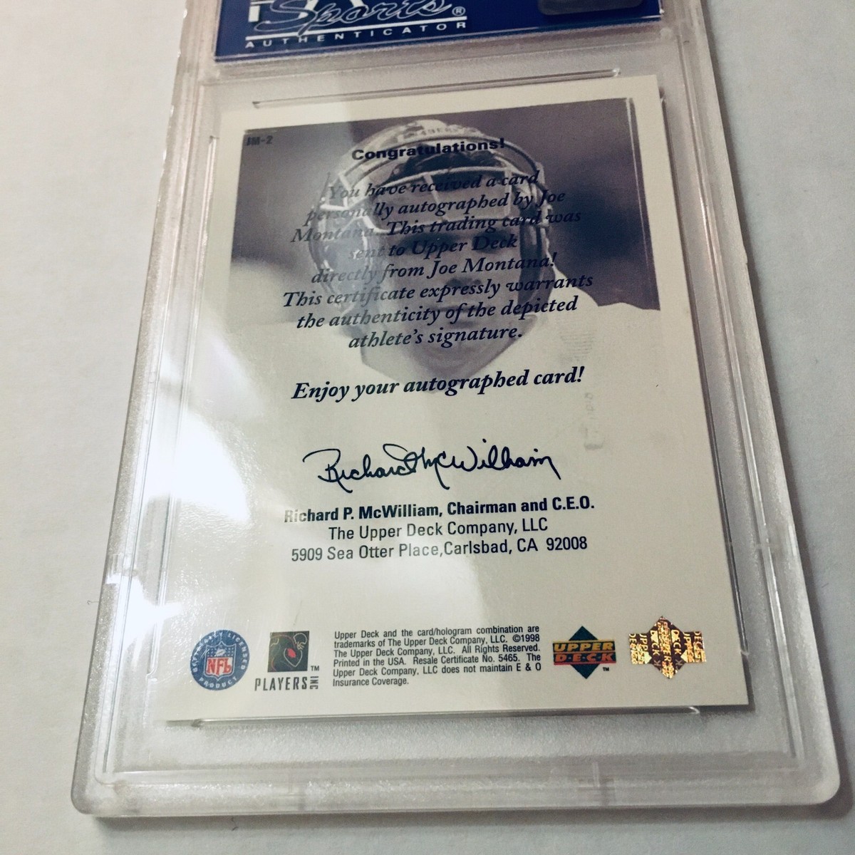 1998 Upper Deck Encore Authentics Joe Montana Auto #JM-2 PSA