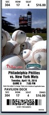 New York Mets vs Philadelphia Phillies 4/19/2016 Full Ticket Citizens Bank Park