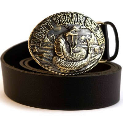 Leather belt with brass buckle Don't Tread on Me, Historical American flag  Snake