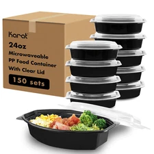 Karat 24oz PP Microwaveable Oval Food Container with Clear Lid, Black - 150 sets