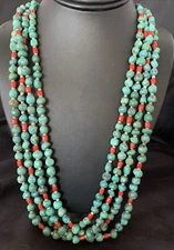 Native Santo Domingo Blue Turquoise Coral 4S 34in Necklace Nugget Bead 13183