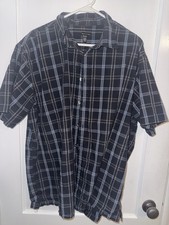 Van Heusen Mens XL 17-17.5 Black Blue Plaid Short Sleeve Button Down Shirt