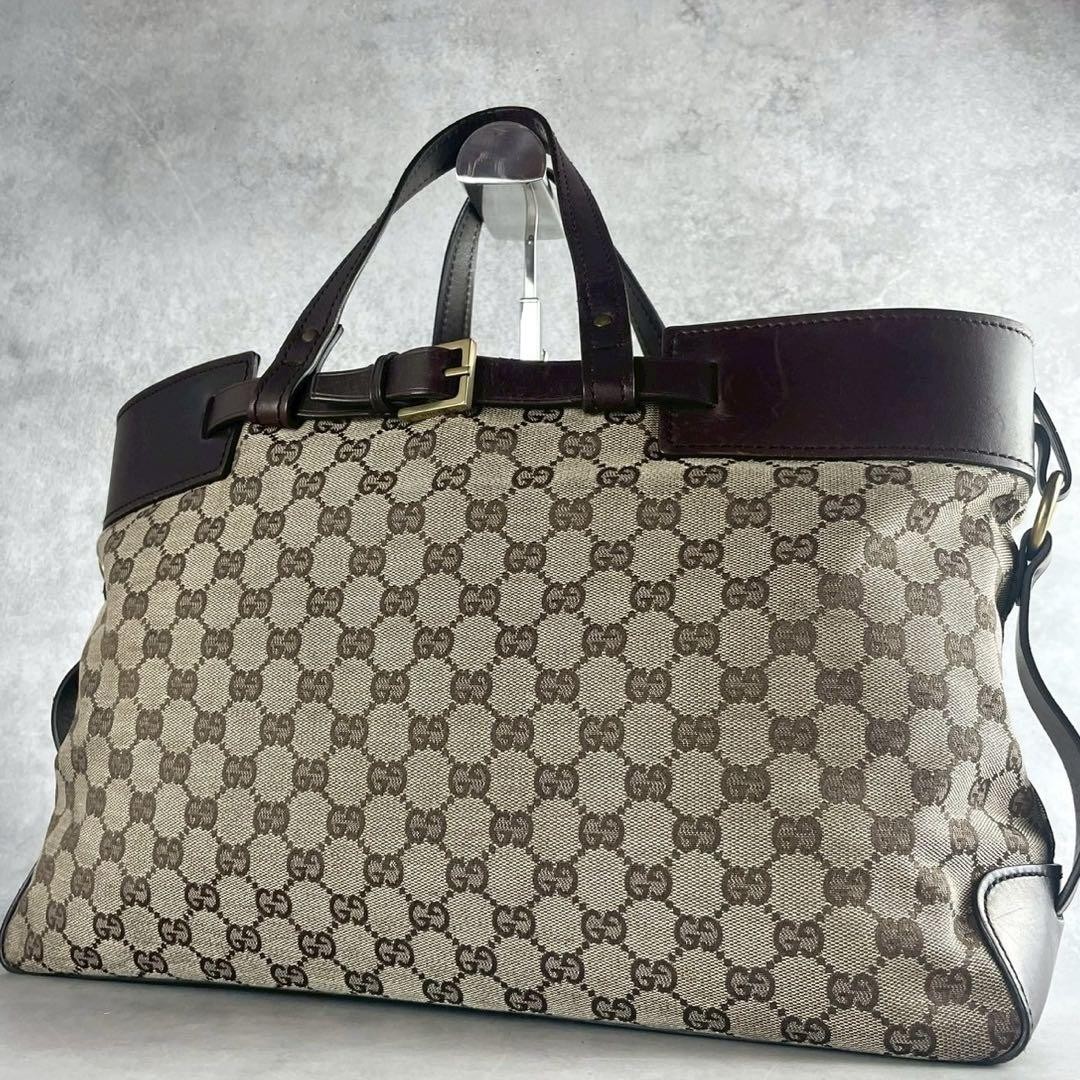 Gucci Gg Canvas Tote Bag Leather Trim A4 Brown Large Capacity Shopper Work Bag