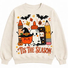 Cute Halloween Sweatshirt Ghost Pumpkin Pencil Witch School Doodle Crewneck