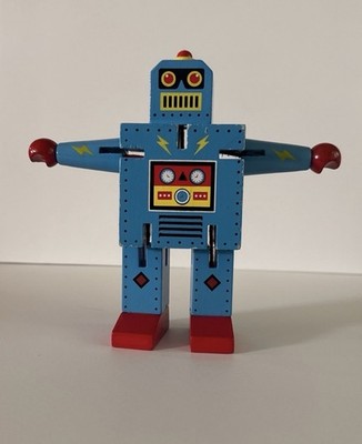 The Original Toy Company Robot X-7 (BLUE) All Wood Stands 6 1/2'' tall