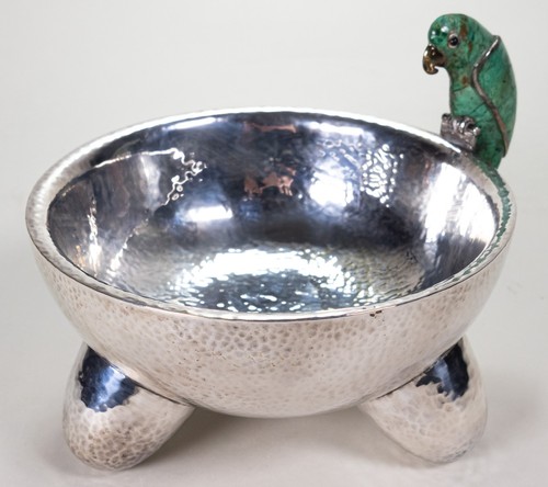 Vintage Los Castillo Silver Molcajete Bowl with Malachite Parrot