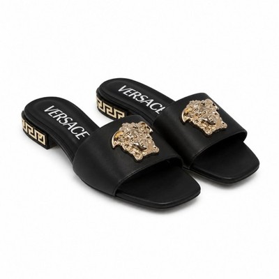 Versace Women's Black Medusa Slide Sandals Leather Low Heel Slip On Slides