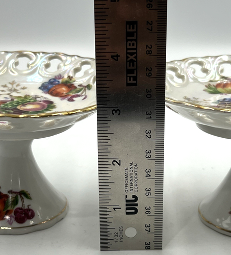 2 VTG Reticulated Porcelain Compote Dish Pedestal Fruit Bowl Hand Painted Japan - Picture 12 of 12