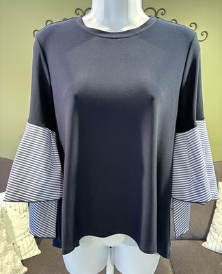 Joseph Ribkoff Women s Navy/White Striped Round Neck Bell 3/4 Tunic Blouse 6