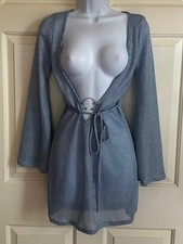 * Fashion Nova Blue Silver Metallic Long Sleeve Sexy Cut Out Body Con Dress S