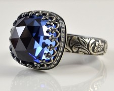 Blue Sapphire Cocktail Ring/Sterling Silver/Faceted Cushion Square Gemstone