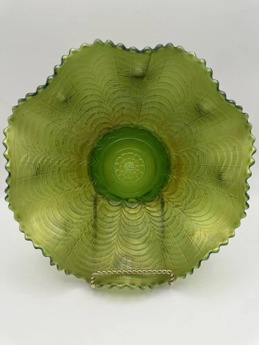 Vintage NORTHWOOD Green Carnival Glass "Nippon" Bowl w. Basketweave Exterior