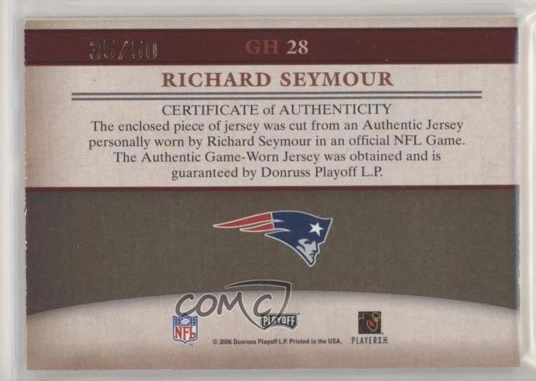 2006 Playoff Prestige Gridiron Heritage Materials Prime /50 Richard Seymour HOF - Image 2 of 2