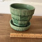 Vintage Green McCoy Planter With Saucer Basket Weave 4 Inches