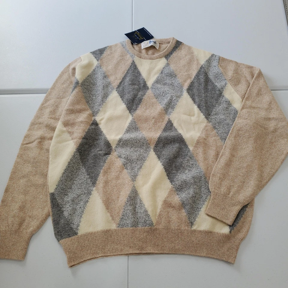 Pringle Of Scotland Sweater Mens 46 Beige Argyle Lambswool Crewneck - Image 2 of 4