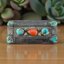 Vintage Hopi Allen Pooyouma Sterling Silver Turquoise Coral Belt Buckle 48.42g