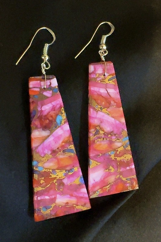 Jameson Pete Navajo Handcrafted Pink Dahlia Slab Trapezoid Dangle Earrings